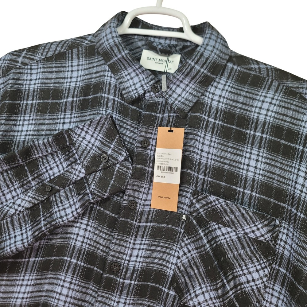 Saint Morta Heron Flannel Mens 2XL Blue Black Plaid Long Sleeve Button Up Shirt